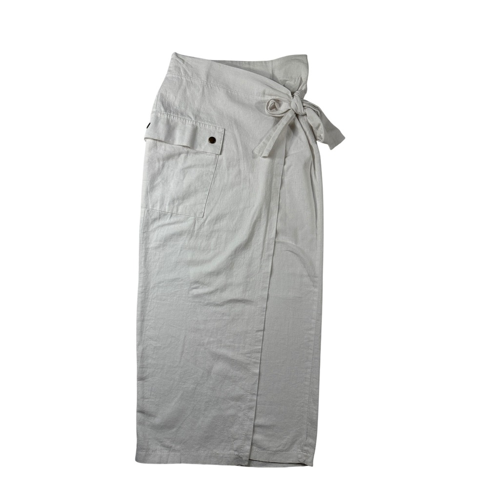 Contempo Women Off White Linen Blend Wrap Midi Skirt Cargo Pocket XS - Picture 2 of 9